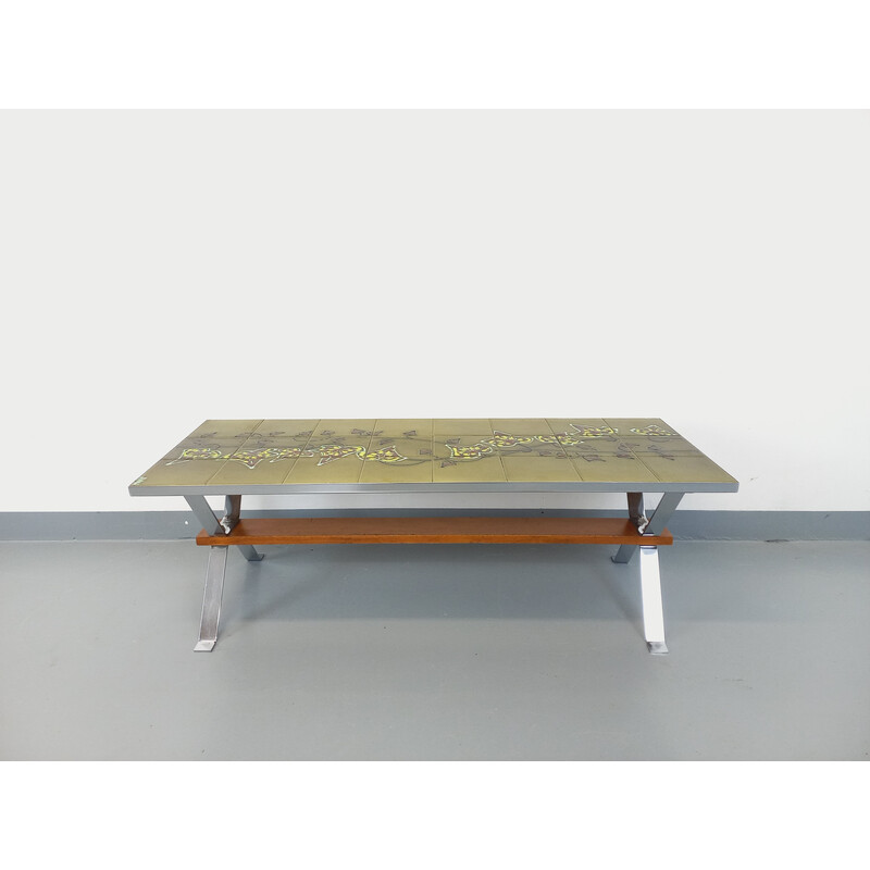 Tavolino rettangolare vintage in ceramica e metallo cromato e legno di Adri, 1970