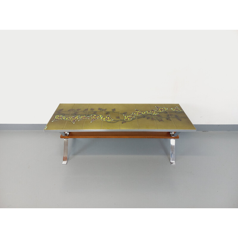 Table basse vintage rectangulaire en céramique et métal chromé et bois par Adri, 1970