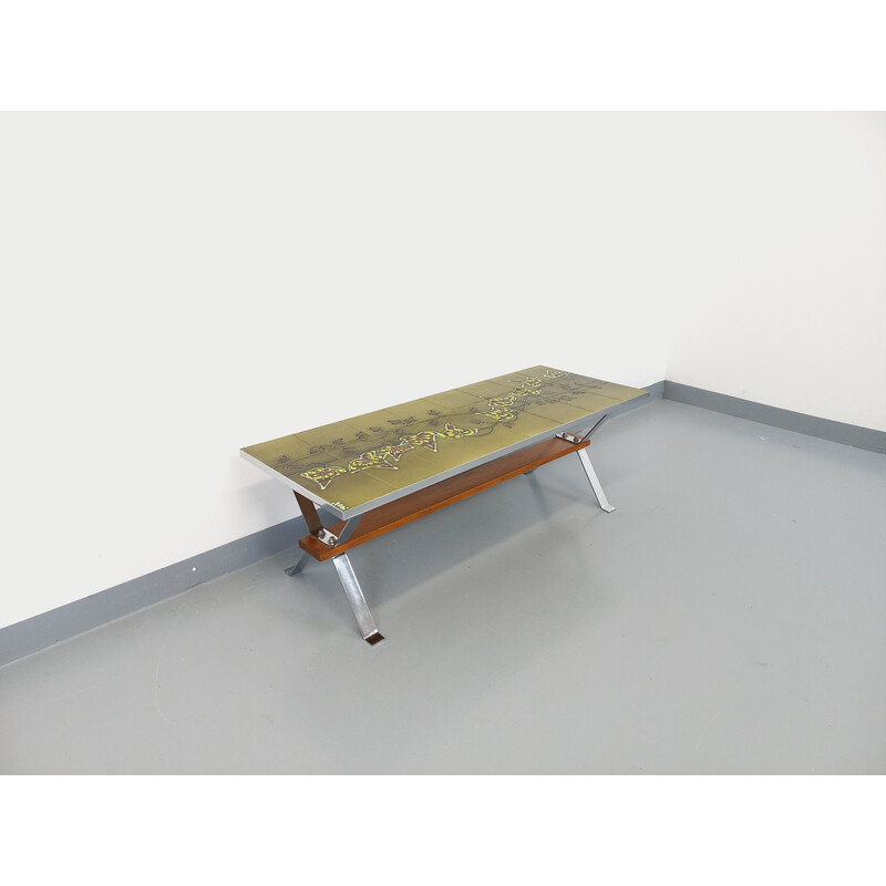 Table basse vintage rectangulaire en céramique et métal chromé et bois par Adri, 1970
