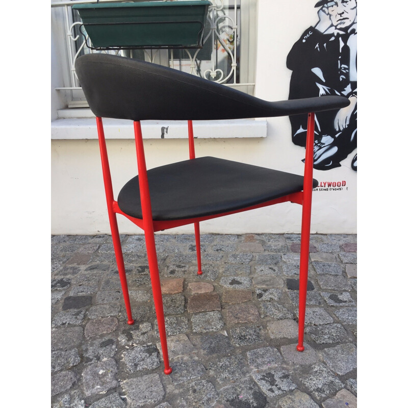 A set of 4 red easy chairs in plastics and metal by G. Vegni for Fasem - 1980s