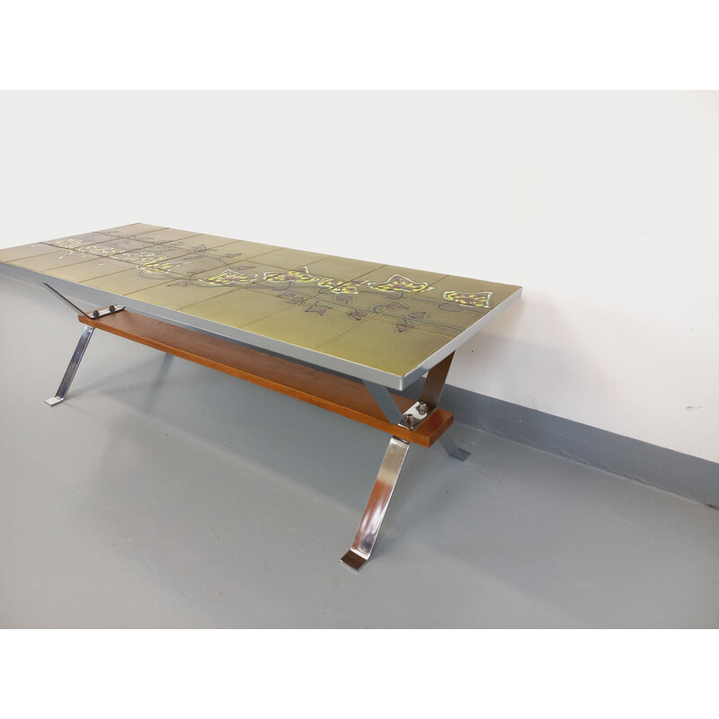 Vintage rectangular coffee table in ceramic and chrome metal and wood by Adri, 1970