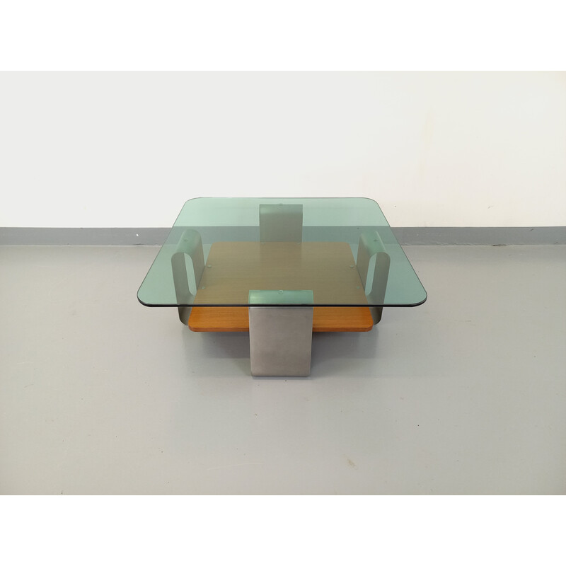 Vintage square coffee table in bluish smoked glass and teak, 1970