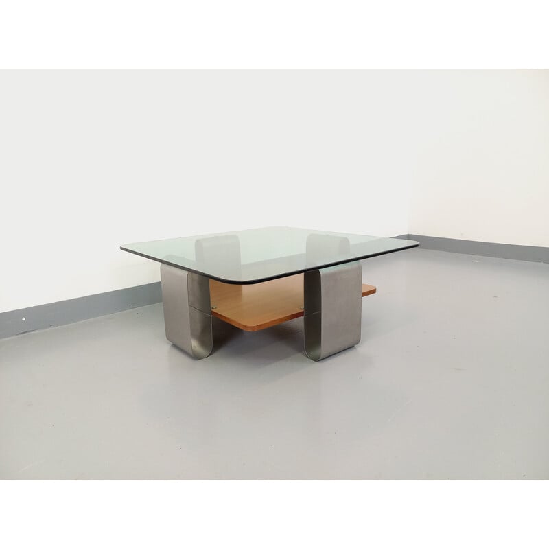 Vintage square coffee table in bluish smoked glass and teak, 1970