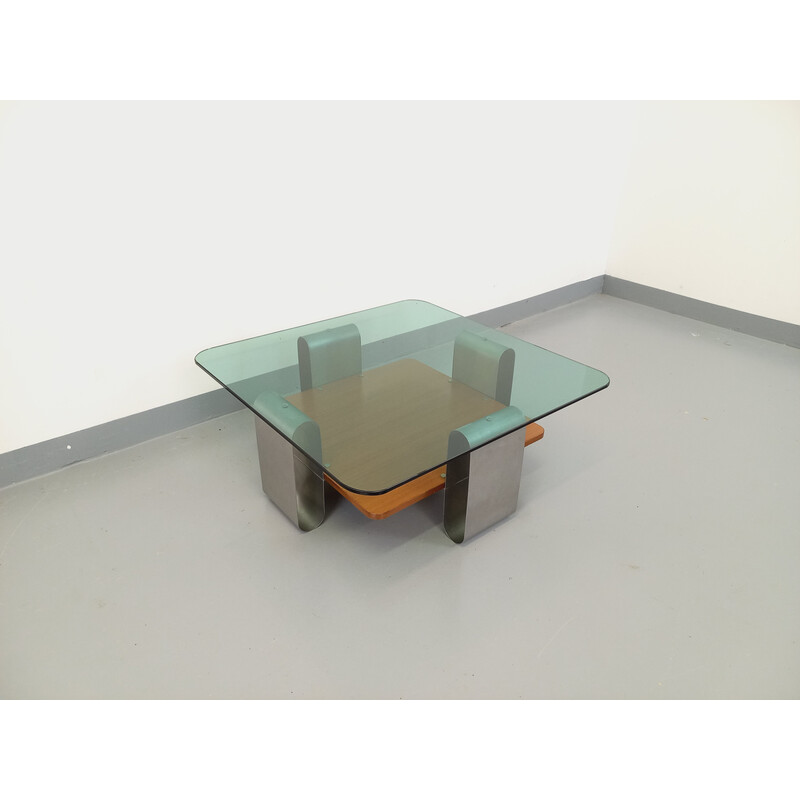 Vintage square coffee table in bluish smoked glass and teak, 1970