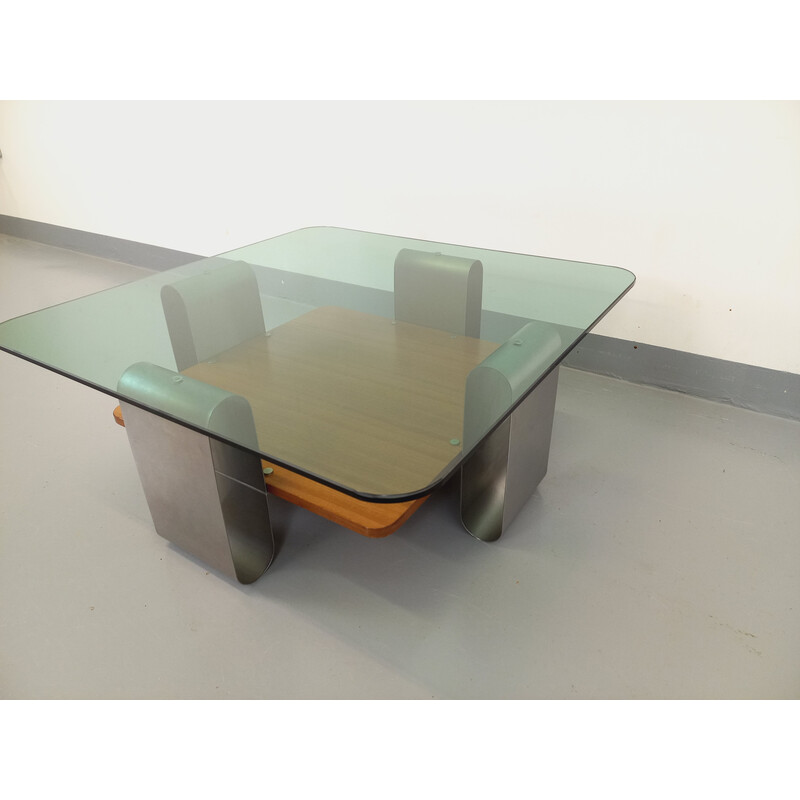 Table basse vintage carrée en verre fumé bleuté et teck, 1970