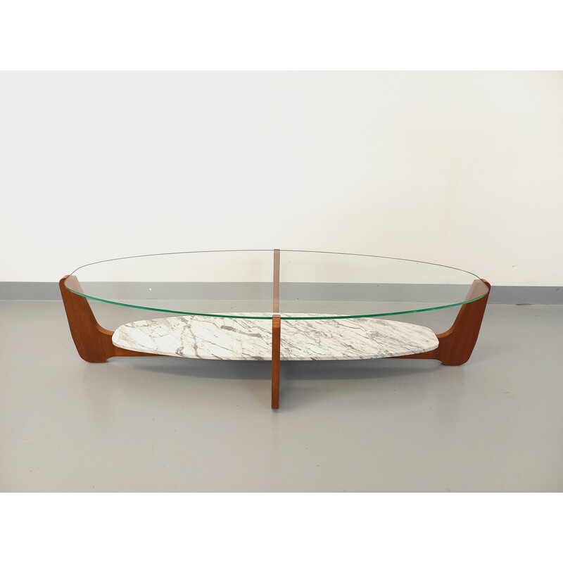 Vintage oval teak and marble coffee table with 2 tops, 1970