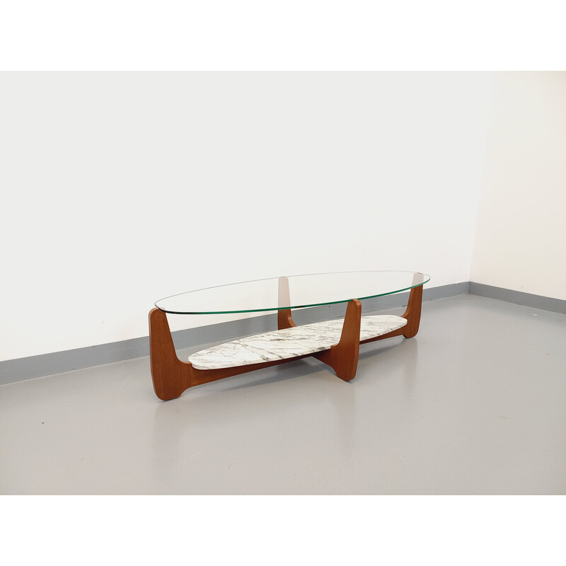 Vintage oval teak and marble coffee table with 2 tops, 1970
