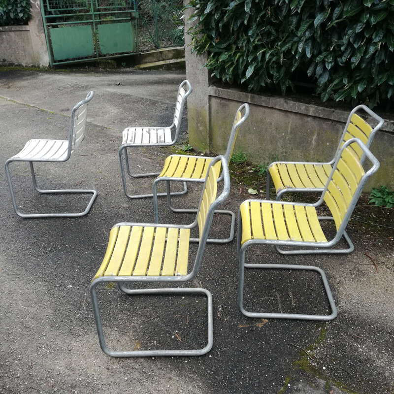 Set of 6 vintage chairs with Bigla wooden slatted seats, Switzerland 1940