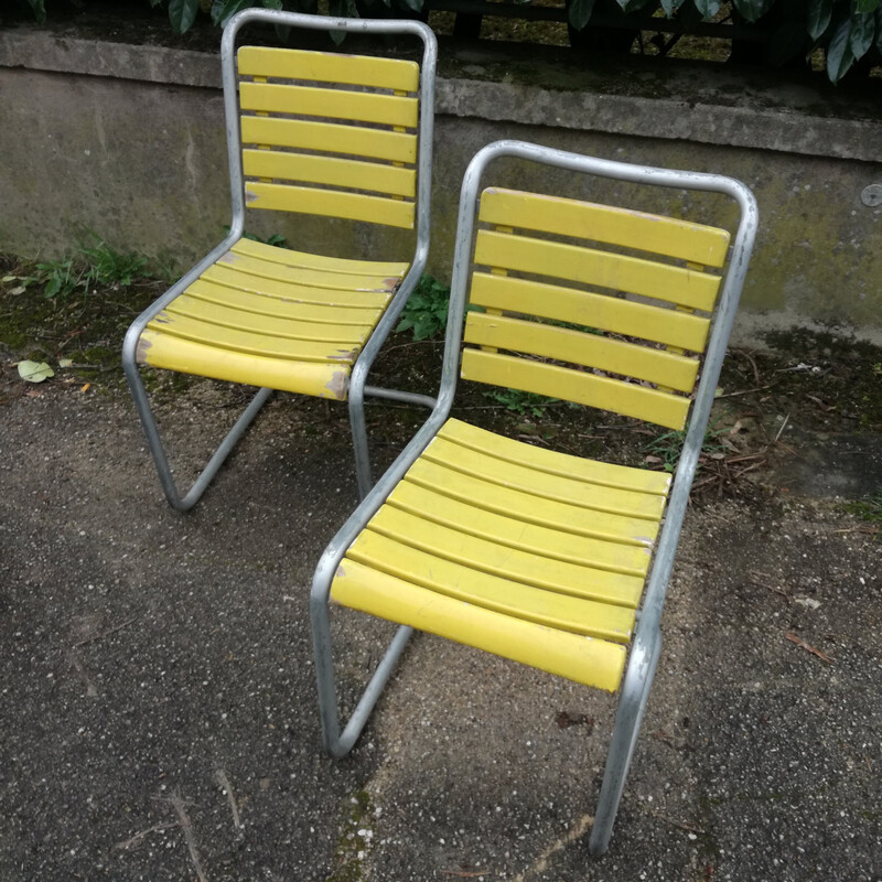 Set of 6 vintage chairs with Bigla wooden slatted seats, Switzerland 1940