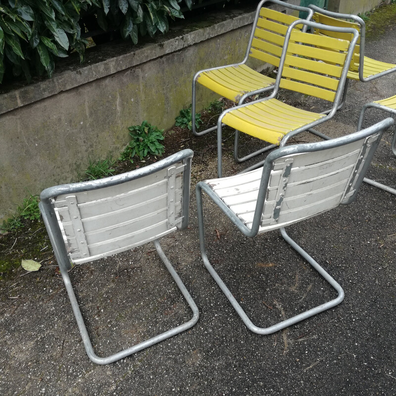 Set of 6 vintage chairs with Bigla wooden slatted seats, Switzerland 1940