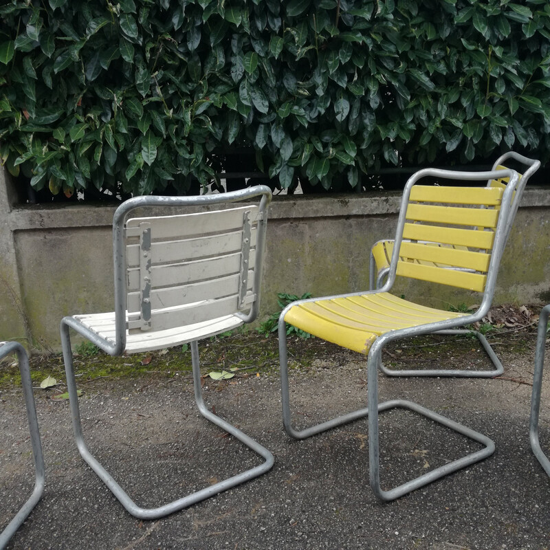 Set of 6 vintage chairs with Bigla wooden slatted seats, Switzerland 1940