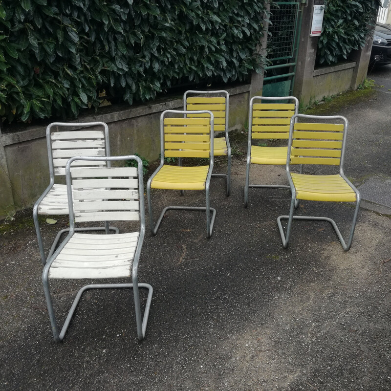 Lot de 6 chaises vintage avec assises lattés bois Bigla, Suisse 1940
