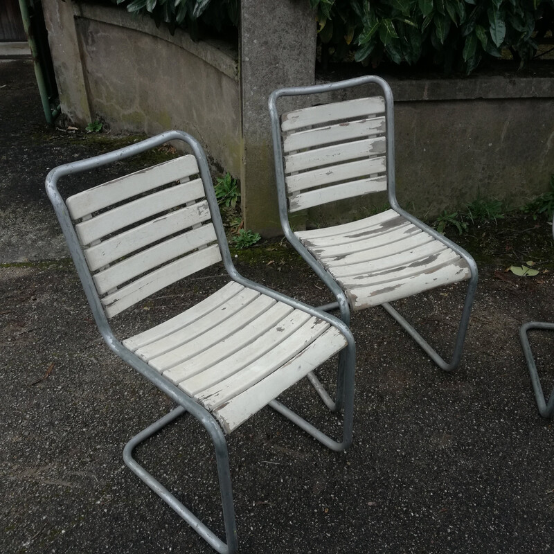 Set of 6 vintage chairs with Bigla wooden slatted seats, Switzerland 1940