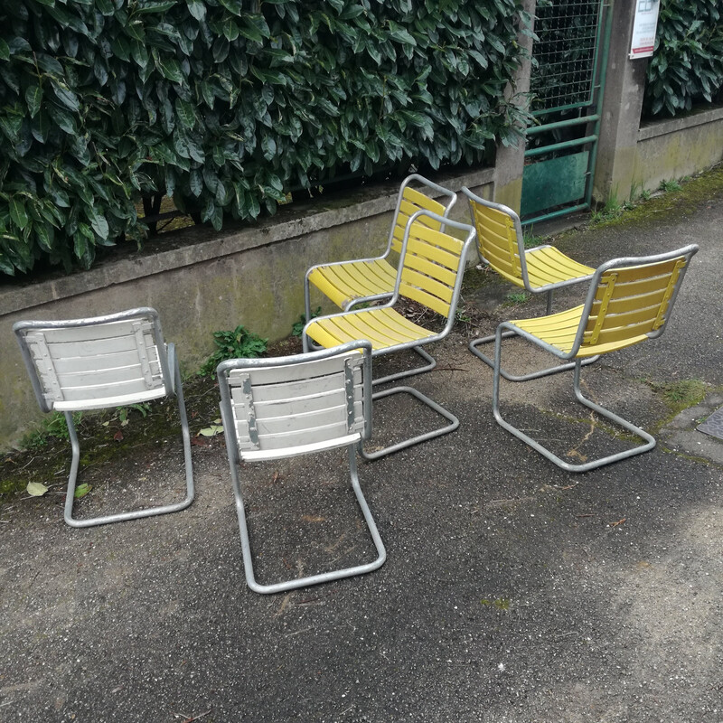 Set of 6 vintage chairs with Bigla wooden slatted seats, Switzerland 1940