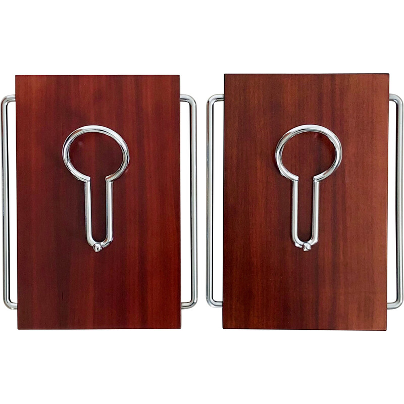 Pair of vintage rosewood and chrome coat hooks, Italy 1970