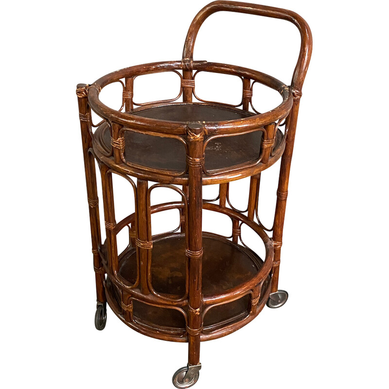 Vintage 2-tier rattan and bamboo bar cart, Italy 1960