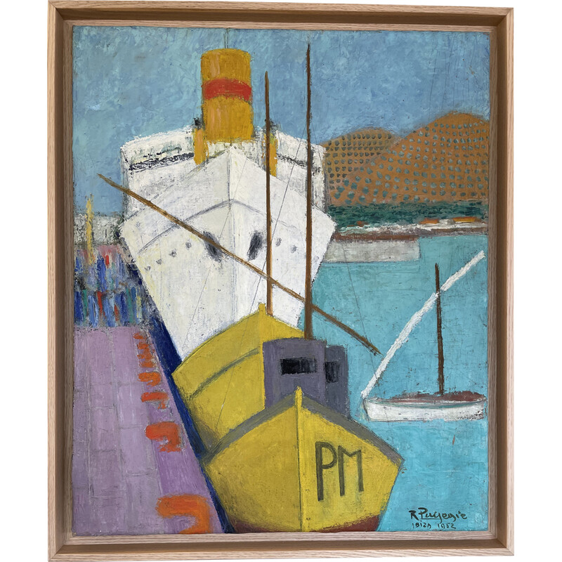 Vintage painting representing the port of Ibiza by Raymonde Pagegie