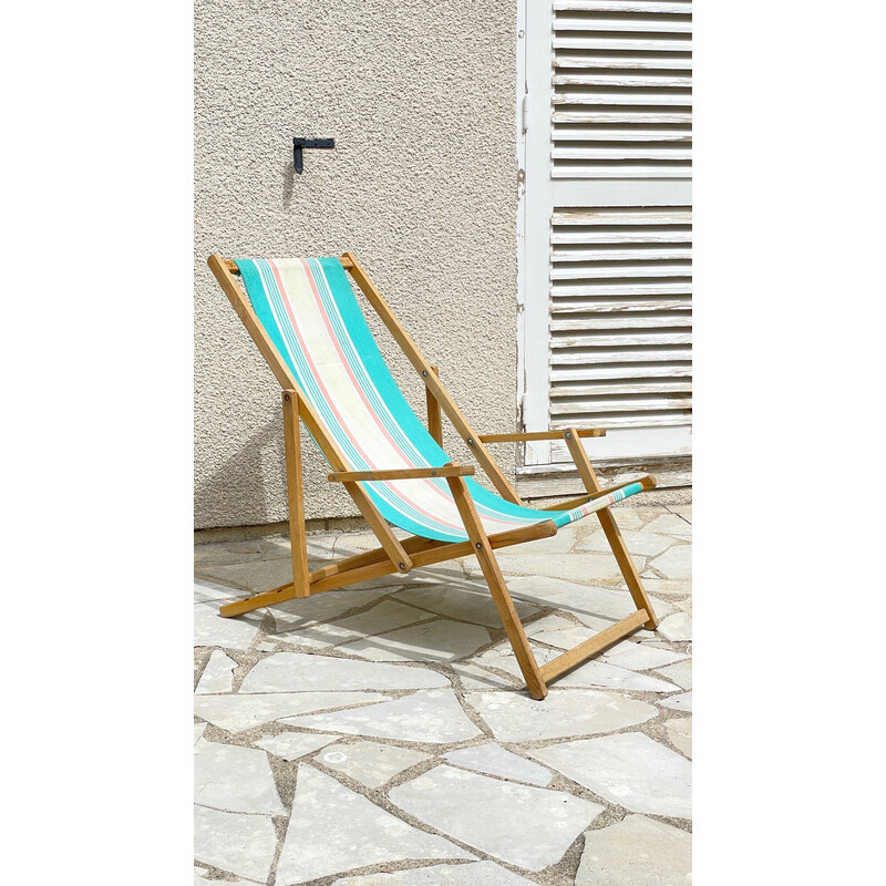 Vintage armchairs Folding deckchair in wood and canvas, 1960