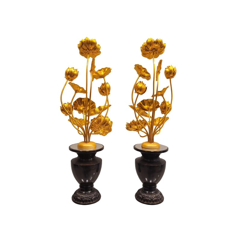 Pair of vintage Jyôka brass temple vases filled with golden lotus flowers, Japan 1980