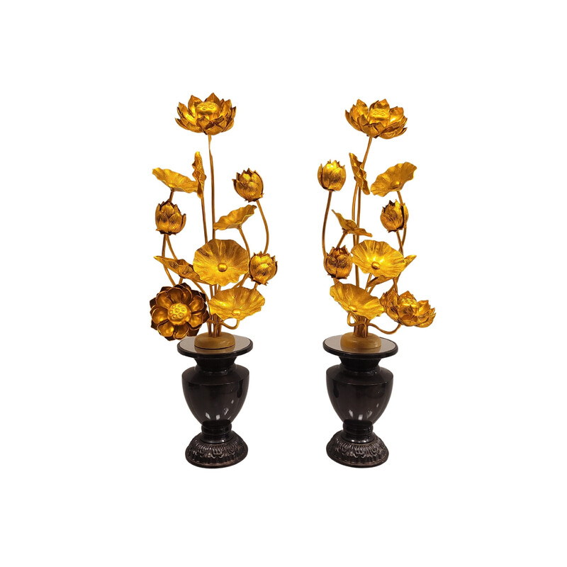 Pair of vintage Jyôka brass temple vases filled with golden lotus flowers, Japan 1980