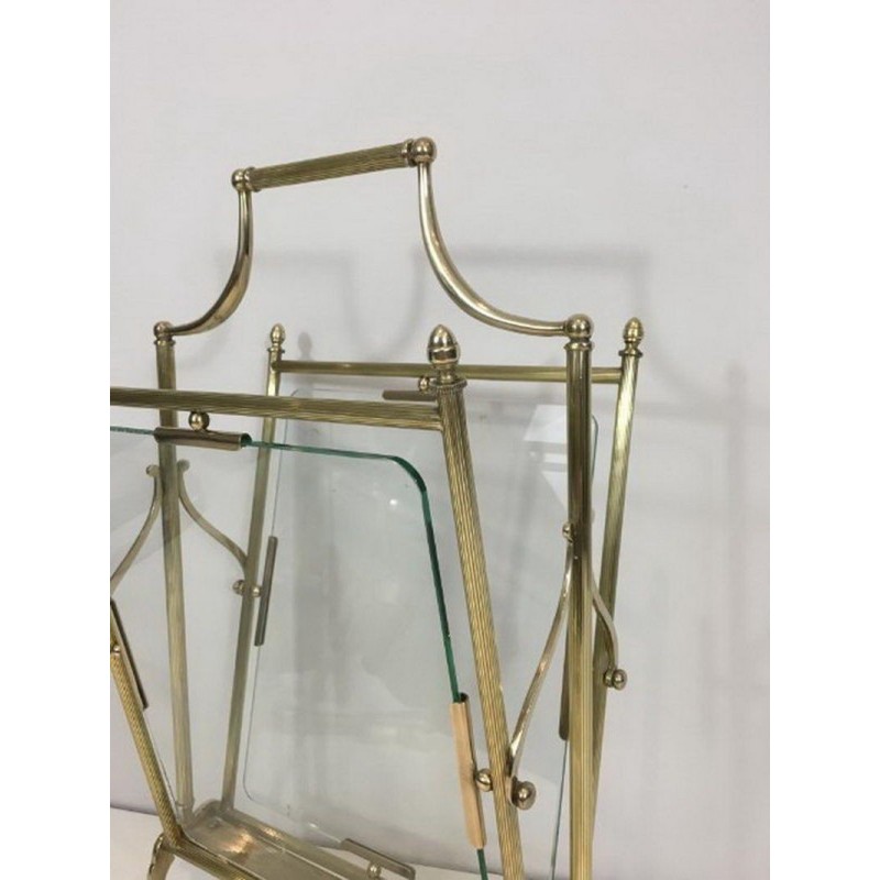 Vintage brass and glass magazine rack for La Maison Jansen, 1940