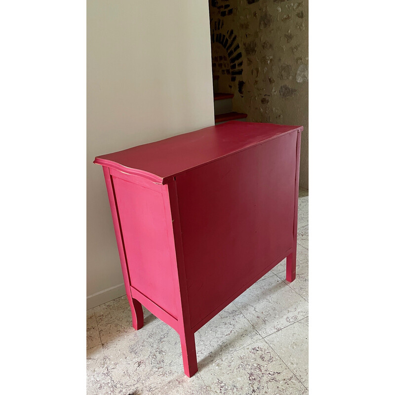 Vintage chest of drawers in solid wood, raspberry paint