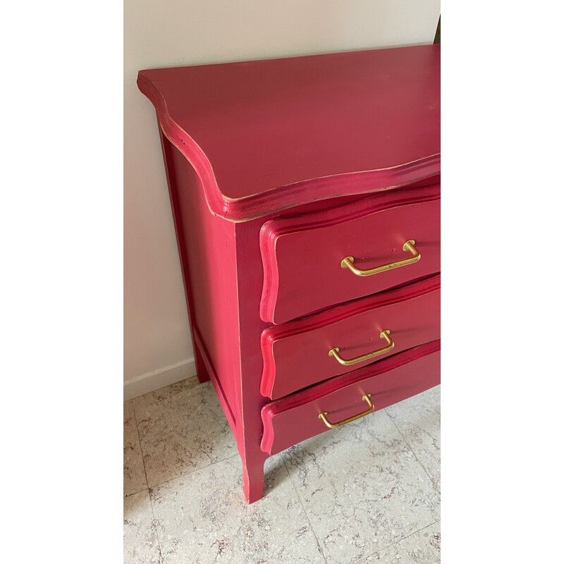 Vintage chest of drawers in solid wood, raspberry paint