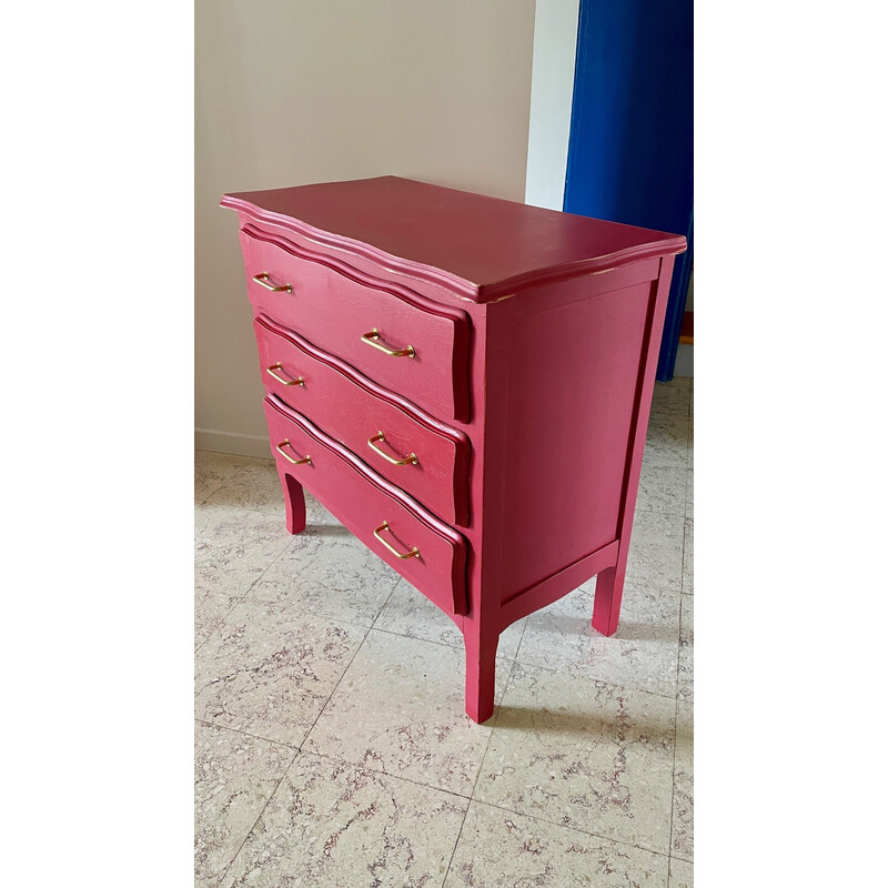 Vintage chest of drawers in solid wood, raspberry paint