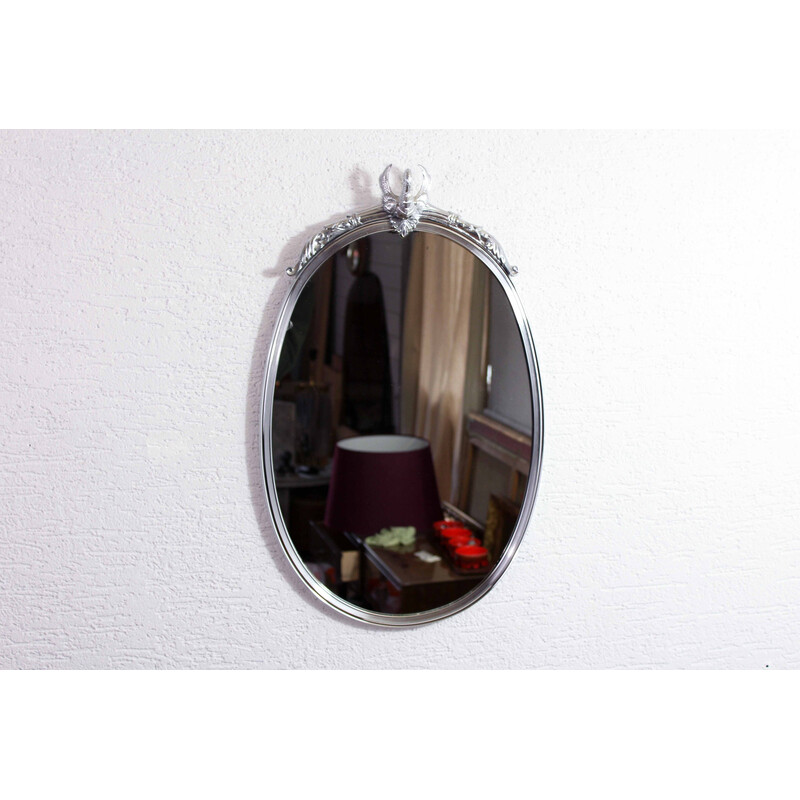 Vintage mirror with silver metal frame decorated with a swan, 1970