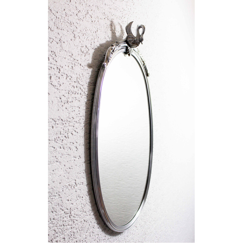 Vintage mirror with silver metal frame decorated with a swan, 1970