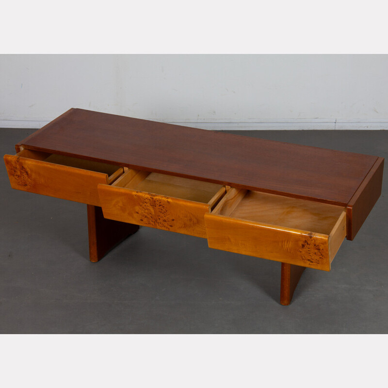 Console basse vintage en bois et verre opalin, 1960