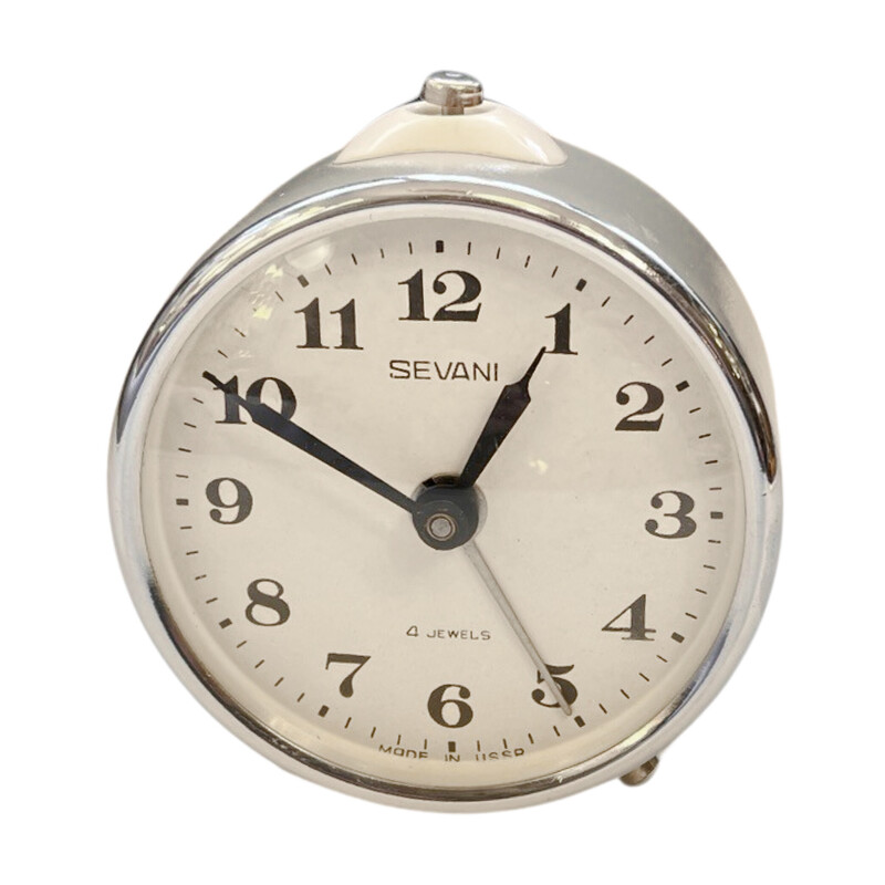 Vintage mechanical alarm clock in metal and glass for Sevani, Russia 1960