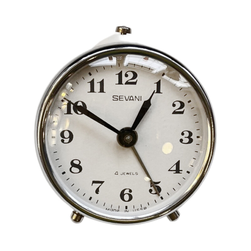 Reloj despertador mecánico vintage en metal y cristal para Sevani, Rusia 1960
