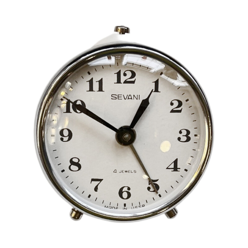 Vintage mechanical alarm clock in metal and glass for Sevani, Russia 1960