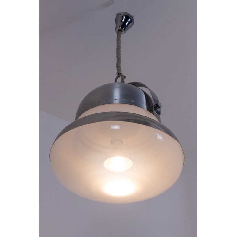 Vintage pendant lamp in brushed metal and opaline glass, Italy 1970