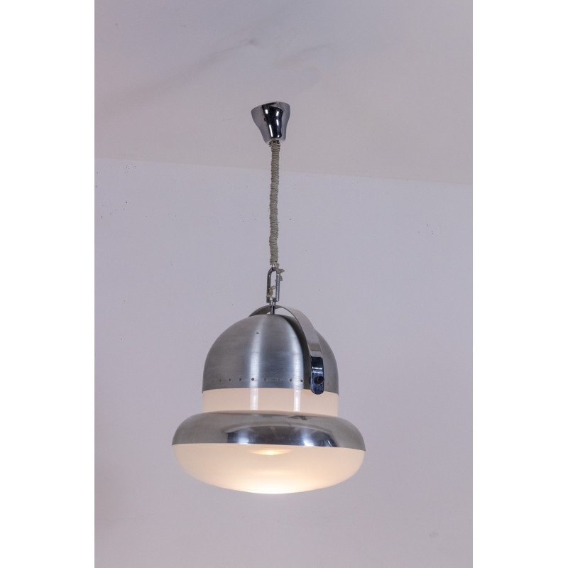Vintage pendant lamp in brushed metal and opaline glass, Italy 1970