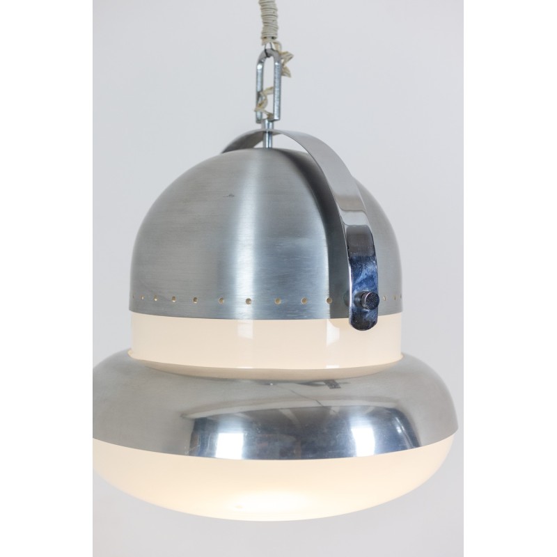 Vintage pendant lamp in brushed metal and opaline glass, Italy 1970