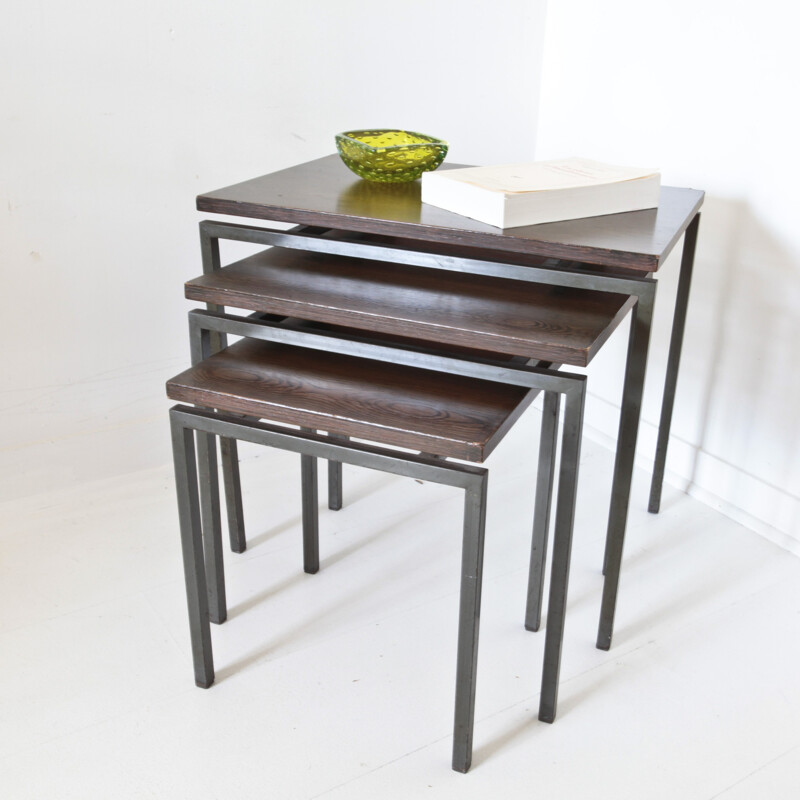 Set of 3 nesting tables with black metal legs - 1970s