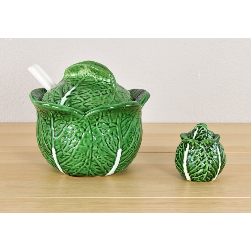 Vintage glazed ceramic cabbage leaf salt cellar by Bordallo Pinheiro, Portugal 1960