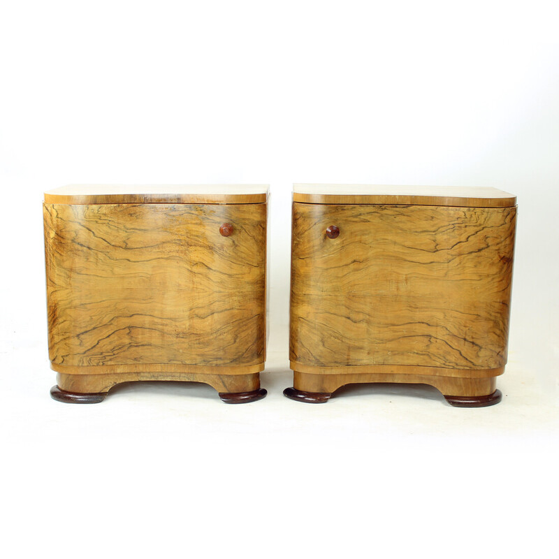 Pair of vintage Art Deco bedside tables in walnut veneer, Czechoslovakia 1940