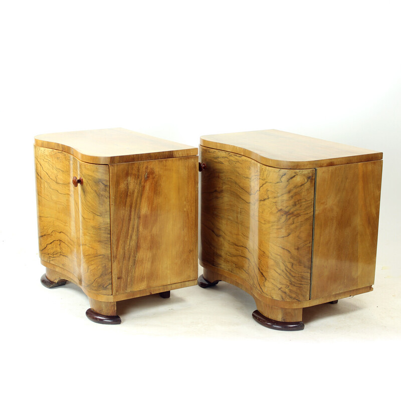 Pair of vintage Art Deco bedside tables in walnut veneer, Czechoslovakia 1940