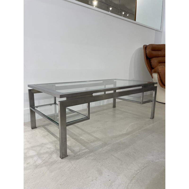 Vintage brushed steel coffee table by Guy Lefèvre for Maison Jansen, 1970