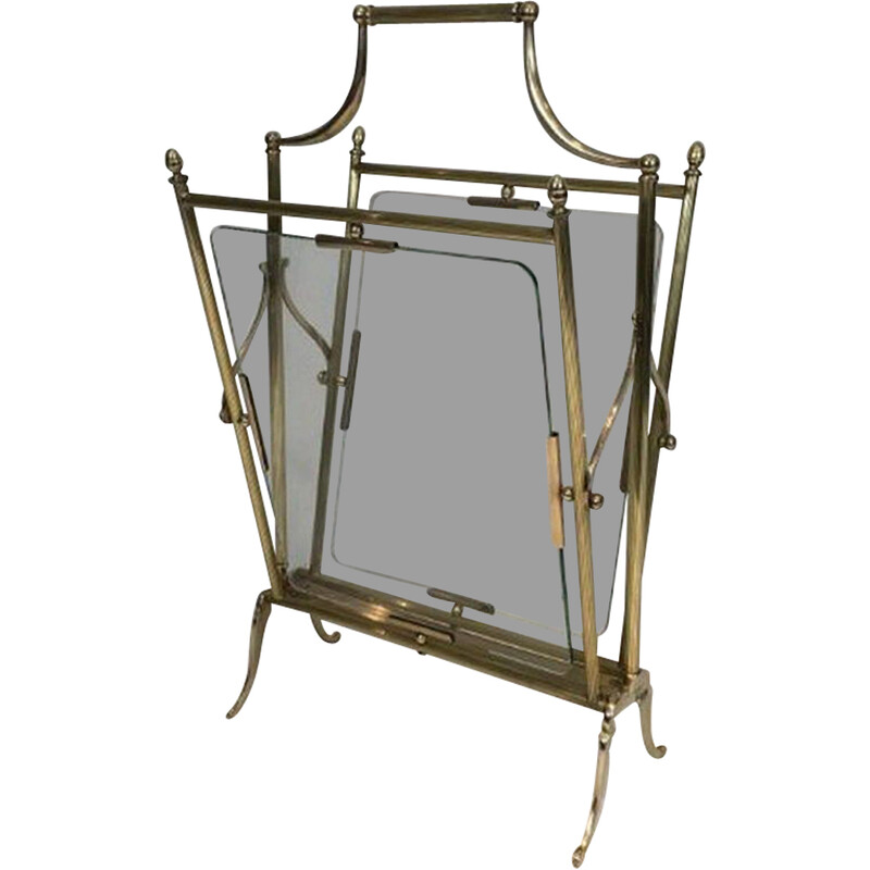 Vintage brass and glass magazine rack for La Maison Jansen, 1940