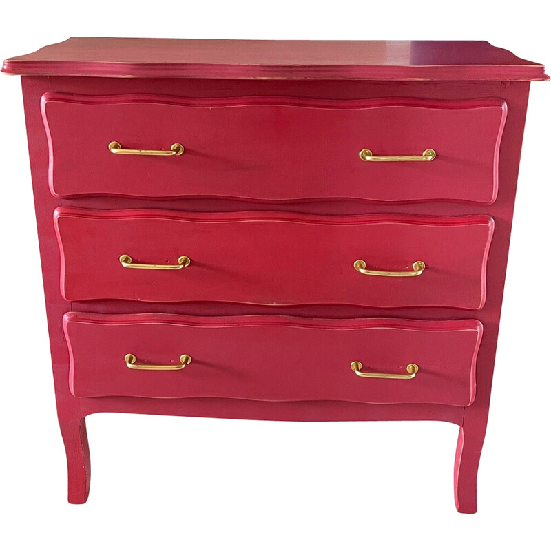 Vintage chest of drawers in solid wood, raspberry paint