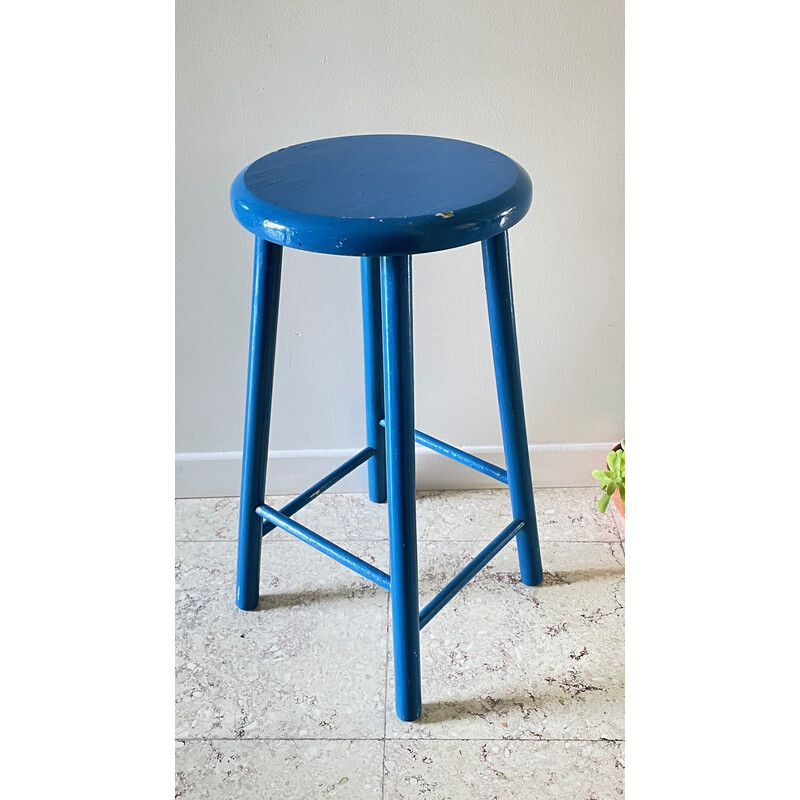 Vintage stool in electric blue lacquered wood