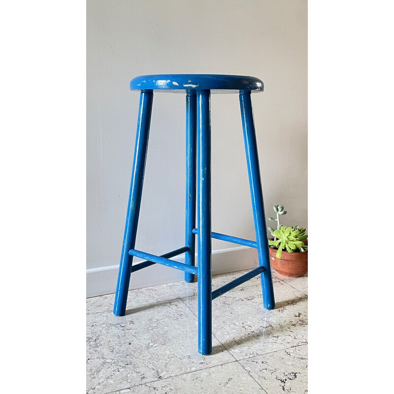Vintage stool in electric blue lacquered wood