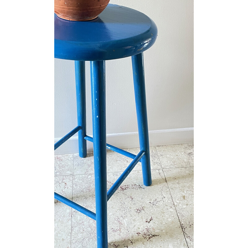 Vintage stool in electric blue lacquered wood