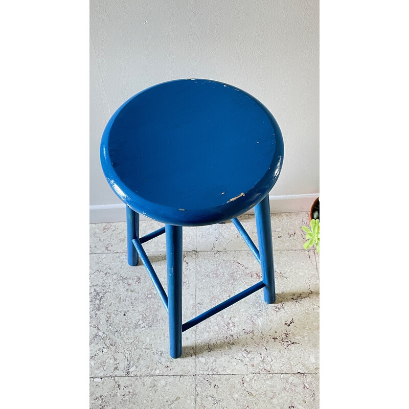 Vintage-Hocker aus lackiertem Holz in Elektroblau