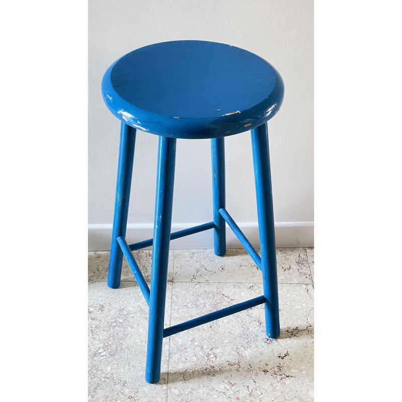 Vintage stool in electric blue lacquered wood