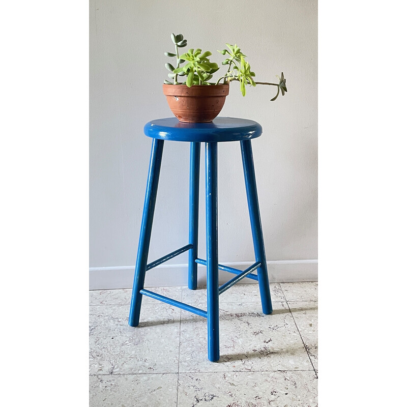 Vintage stool in electric blue lacquered wood